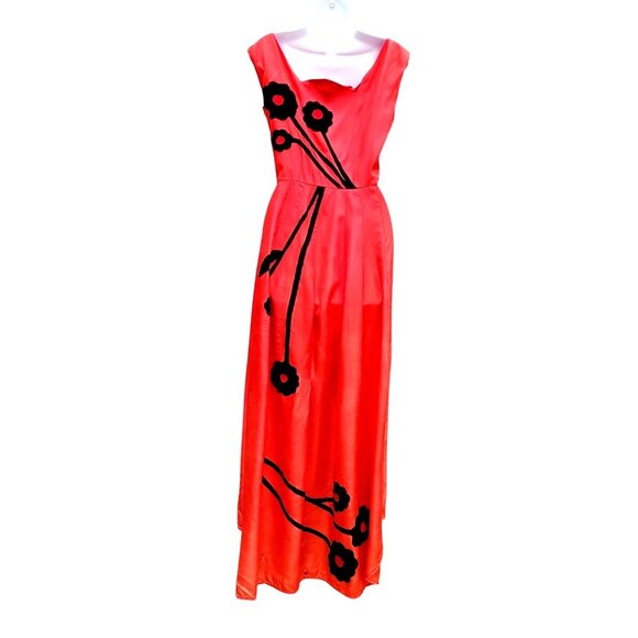 Vintage 30s Style Red Orange Acetate Maxi Size S Black Appliqué Gown Prom Dress - Picture 1 of 14